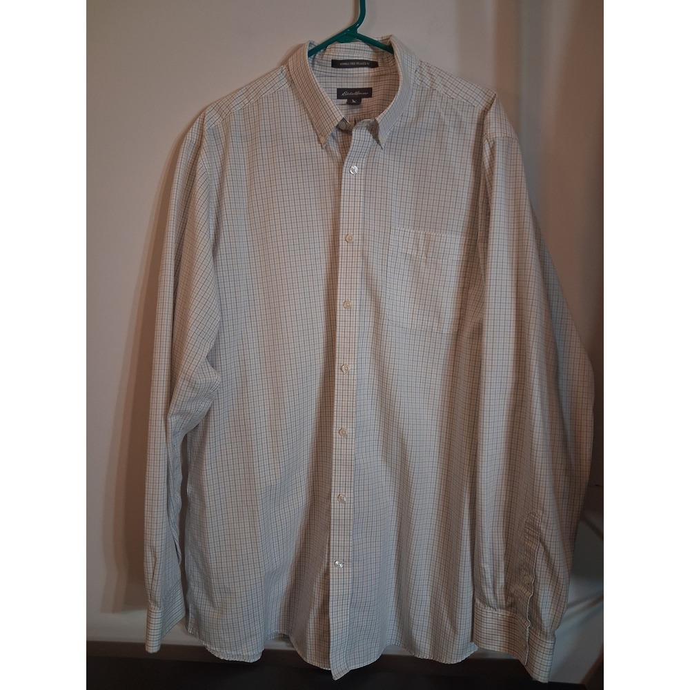 Eddie Bauer Mens TXL Wrinkle Free Relaxed Fit Tattersall Check Shirt Blue